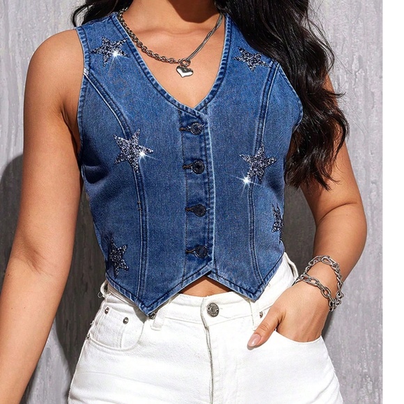 Glitter Star Button Down Denim Jean Western Vest - Picture 6 of 12